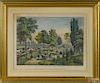 Two Currier and Ives color lithographs, titled Central Park, the Drive and Central Park, the Lake