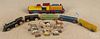 Painted wood train set pull toy, mid 20th c., 3 1/2'' h., together with a smaller painted train set