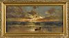 Oil on board seascape, early 20th c., depicting a fisherman laying out a net at daybreak