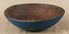 Painted turned wooden bowl, 19th c., retaining a blue surface, 10 3/4'' dia.