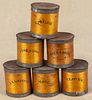 Set of six tin and bentwood spice canisters, late 19th c., 3'' h.