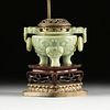 A CHINESE ARCHAISTIC STYLE CELADON JADE CENSER LAMP, REPUBLIC PERIOD (1912-1949),