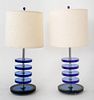 Art Deco Stacked Blue Glass Disc table Lamps, Pr