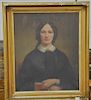Framed Victorian oil on canvas bust of a woman holding a book, 30" x 25".