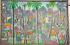 Two Haitian Jungle paintings including an oil on board landscape with zebras, lions, elephants, and other wild animals...