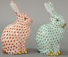 Pair of Hungary Herend fishnet bunny rabbits, green and red. ht. 5 1/4".