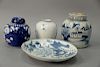 Four pieces of Chinese blue and white and Canton to include three ginger jars and a phoenix plate.