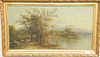 E. Stover oil on canvas primitive lake landscape signed lower left E. Stover. 16" x 20"