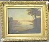 Two framed 18th/19th century oil on canvas primitive landscapes including large one of hunting in the marsh with two dogs (25" x 30"...