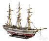 Painted tin three mast schooner boat model