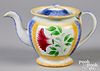 Yellow and blue spatterware thistle teapot, 19th c