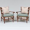 Pair of Louis XV Style Provincial Oak and Rush Ladder Back Armchairs