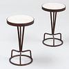 Pair of Contemporary Patinated-Metal and Travertine Circular Low Tables