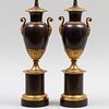 Pair of Charles X Style Gilt-Metal Mounted and Patinated Metal Ovoid Form Vases 