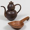 Japanese Brown Glazed Earthenware Teapot and a Rustic Wood Spoon