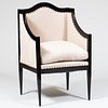Ebonized and Linen Upholstered Arm Chair, Of Recent Manufacture