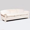 Cream Corduroy Upholstered Three Seat Sofa on White Painted Bun Feet, de Angelis
