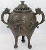 Signed Chinese Bronze Censer with Dragon.