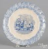 Blue spatter plate with transfer decoration of Chinese figures, 9 1/2'' dia.