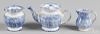 Three-piece blue spatter tea service, teapot - 3 1/2'' h.
