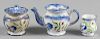 Miniature blue spatter teapot, sugar, and creamer with blue tulip decoration, teapot - 3 1/2'' h.
