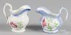 Two blue spatter creamers, one with thistle decoration and one with Adams rose decoration, 4'' h.