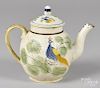 English pearlware teapot, 19th c., with peafowl decoration, 7'' h.