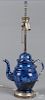 Historical blue Staffordshire coffee pot table lamp depicting Franklin's tomb, 11 1/4'' h.