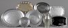 Seven reproduction pewter and silver-plate platters, together with a watering can, 11'' h.