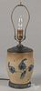 Stoneware crock table lamp, 19th c., with cobalt floral decoration, 7'' h.