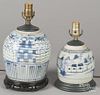 Two Chinese blue and white porcelain table lamps, 19th c., 7 3/4'' h. and 6'' h.