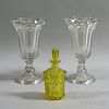 Pair of Colorless Glass Vases and a Yellow Glass Decanter