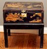 CHINESE BLACK LACQUER JEWEL CHEST & STAND