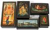 RUSSIAN LACQUERED BOXES GROUP OF FIVE
