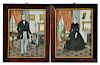 Pair of Watercolor and Gouache on Paper Portraits of a Man and Woman in Their Parlor