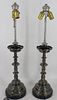 A Pr of Antique Silverplate Candlesticks as Lamps.