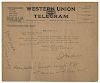 Houdini, Harry (Ehrich Weisz). Telegram from Houdini to Walter Floyd, signed. Dated May 24th, 1919, Houdini writes to fellow magician Walter Floyd on 