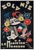 Solanis. Solanis Le Magicien Moderne. France: Royer, 1945. Handsome color poster depicting flags, flowers, birds and playing cards erupting from a top