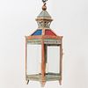 Polychrome Painted TÃ´le and Pressed Glass Four-Light Lantern