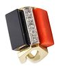 La Triomphe Ring In 18 Kt Gold With Diamonds Coral & Onyx