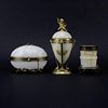Three Piece Antique Onyx and Bronze Vase, Covered Jar and Egg Shaped Box