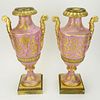Pair 19/20th Century Serves Porcelain Bronze Mounted and Gilt Decorated Urns