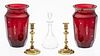 2 Red Glass Vases, Brass Candlesticks & Decanter
