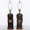 Two British Leather Powder Kegs, Now Lamps, 19th C