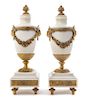 * A Pair of Gilt Bronze Mounted White Marble Urns Height 17 1/4 inches.