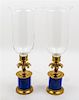 A Pair of Continental Brass and Glass Candlesticks Height overall 19 inches.