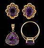 VINTAGE / CONTEMPORARY 14K YELLOW GOLD AND AMETHYST JEWELRY, LOT OF FOUR,