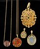 VINTAGE / CONTEMPORARY 14K YELLOW GOLD AND STONE PENDANTS, LOT OF FIVE,