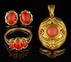 VINTAGE / CONTEMPORARY 14K YELLOW GOLD AND CORAL / CORAL-TYPE JEWELRY, LOT OF FOUR,