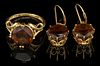 VINTAGE / CONTEMPORARY 14K YELLOW GOLD AND SMOKY QUARTZ JEWELRY, LOT OF THREE,